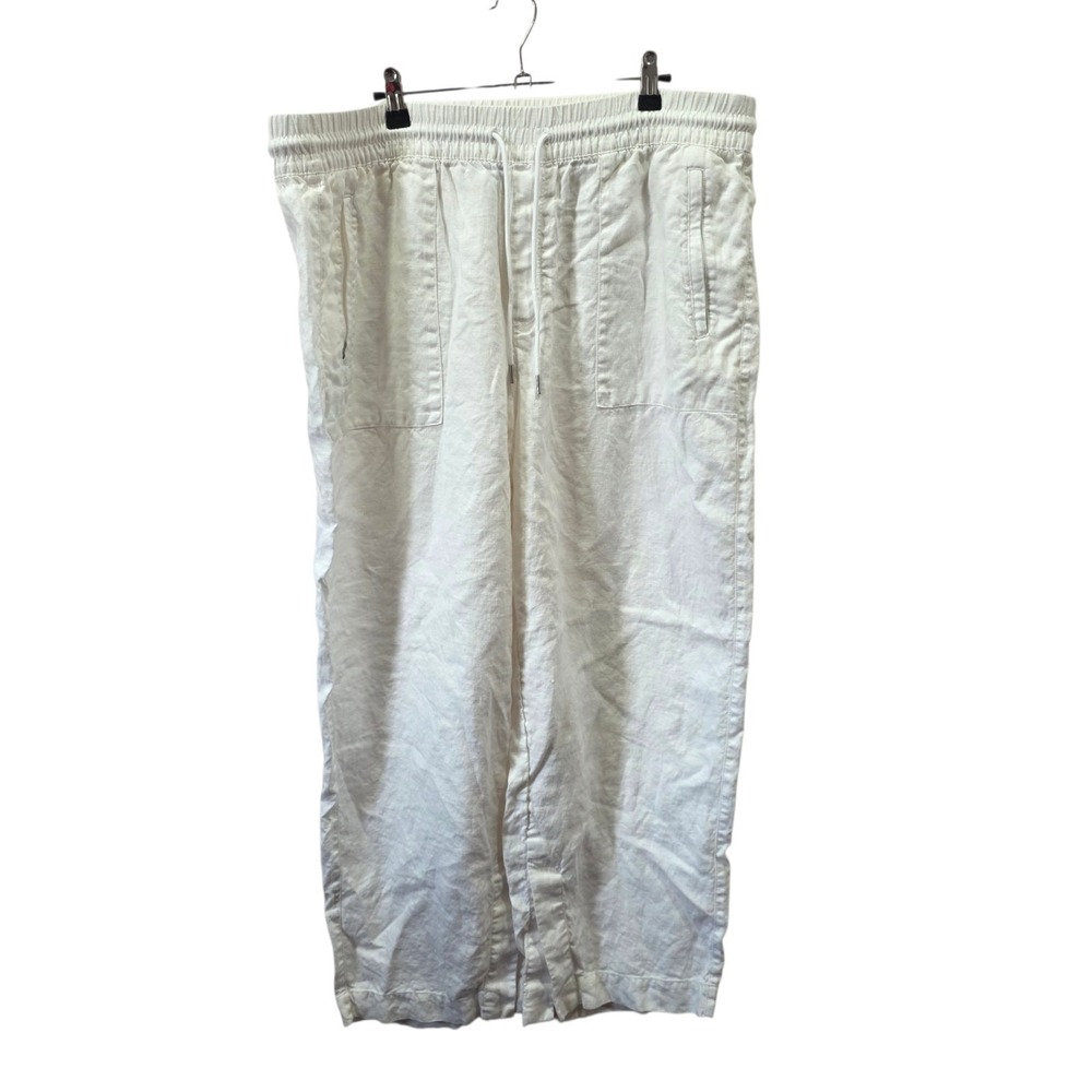 Athleta 100% Linen Wide Leg Pants Women's 1X White Drawstring Pull On Pockets